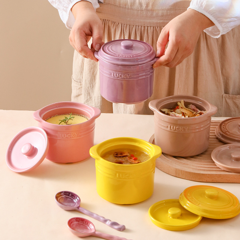 Kitchen Baking Bowls - Double Lid Ceramic Bowl,Bird's Nest Steamed